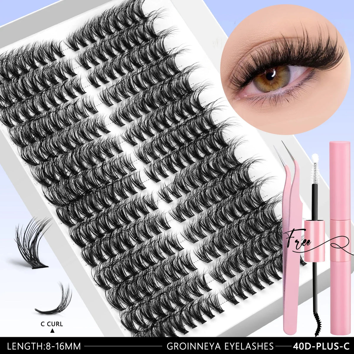 Blushimmer GROINNEYA DIY eyelash extension kit with mixed lash clusters, lash bond and seal, and eyelash tweezers for full lash application