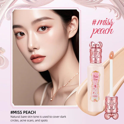 Blushimmer Hua Yin Ji Brightening Concealer on fair skin with natural nude makeup and soft pink floral accents