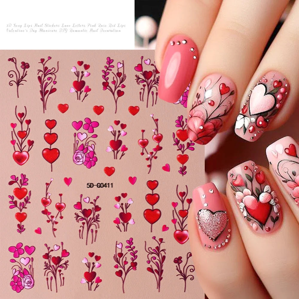 Red lips nail decal stickers by Blushimmer featuring love heart designs for romantic Valentine's Day nail decor.