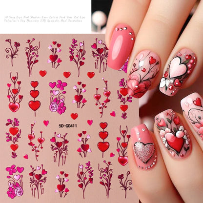 Red lips nail decal stickers by Blushimmer featuring love heart designs for romantic Valentine's Day nail decor.