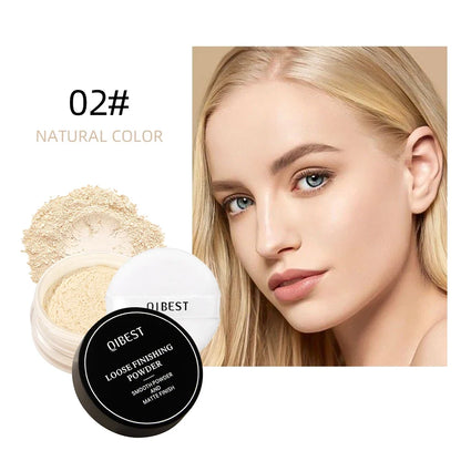 Blushimmer QIBEST waterproof loose powder compact with matte finish, long-lasting oil-control setting powder for smooth, invisible pores.