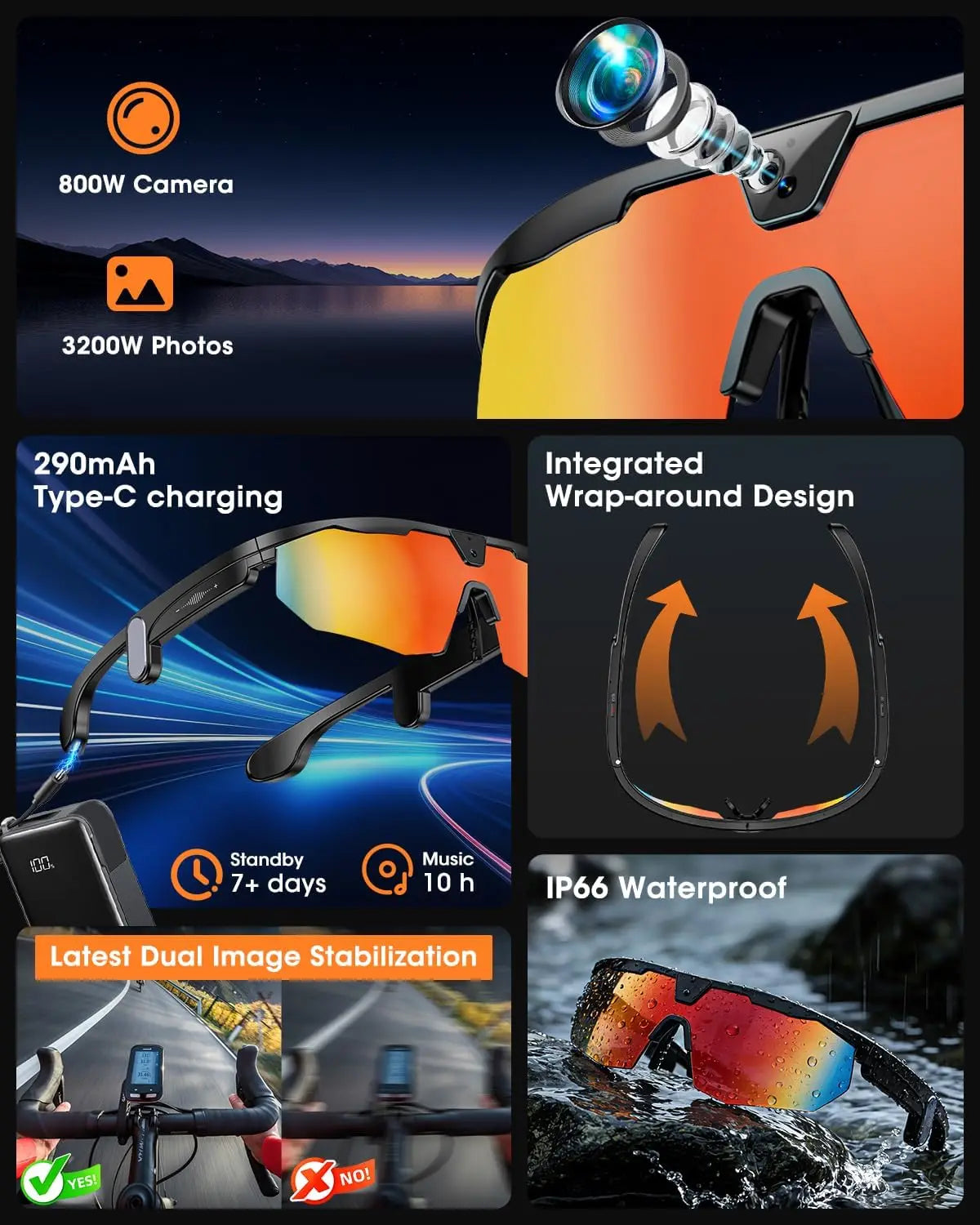 Smart Glasses 4K HD Anti-Shake Camera 3D Stereo Speakers Polarized UV400 Bluetooth AI for Outdoor Video Photo Music Black