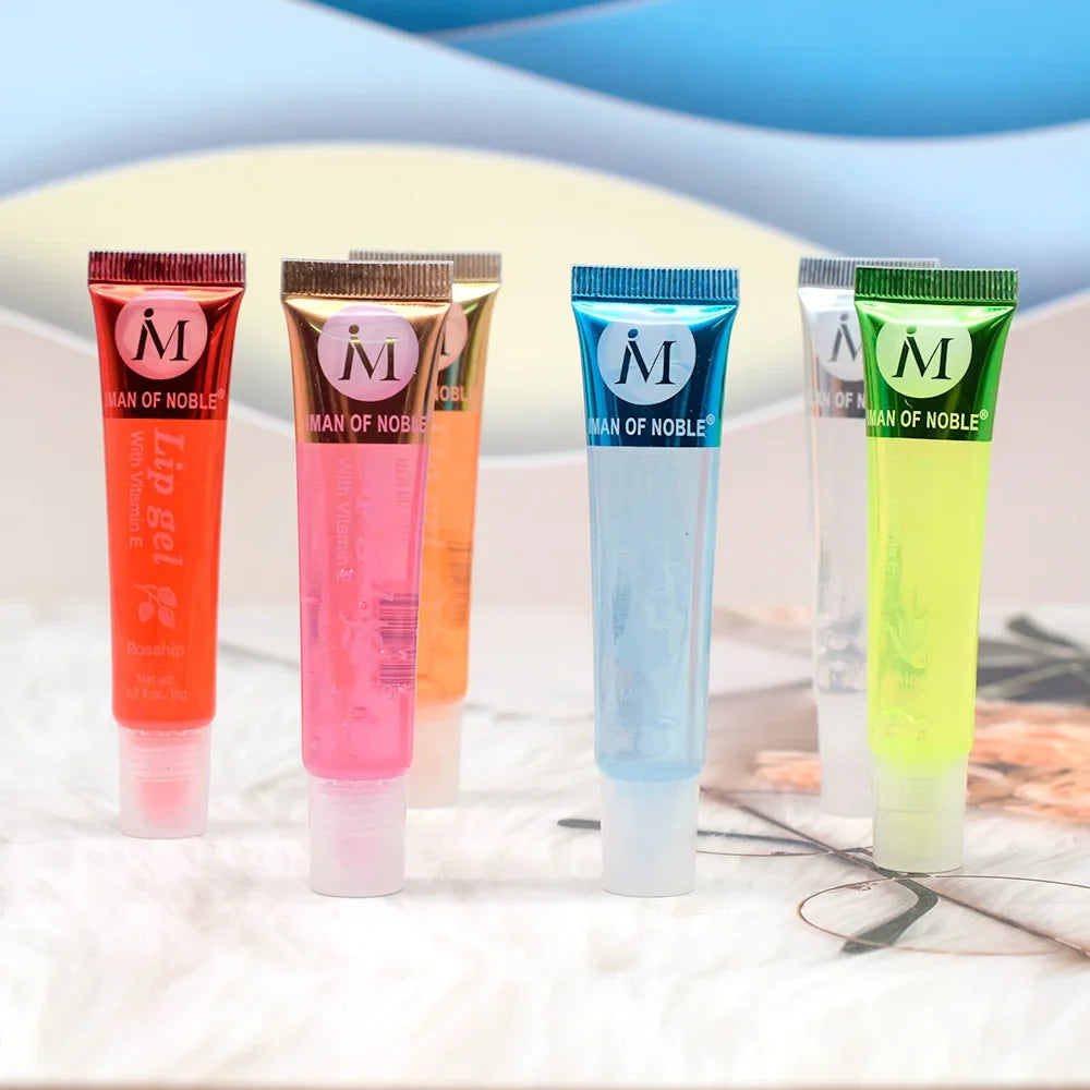 Set of 6 fruity flavor watery glossy lip glosses by Blushimmer, featuring clear, hydrating, moisturizing lip gels for women.