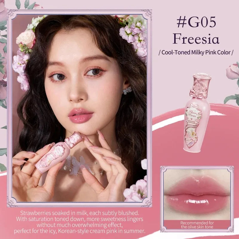 Blushimmer Flower Knows Midsummer Fairytales Lip Balm with coating film for moisturized, non-sticky lip glow, showcasing the product packaging.