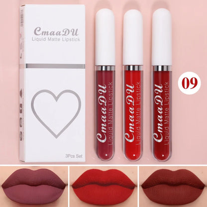 Blushimmer 3-piece matte lipstick and lip gloss set with long-lasting, waterproof, non-fading formulas, ideal for everyday or holiday wear.
