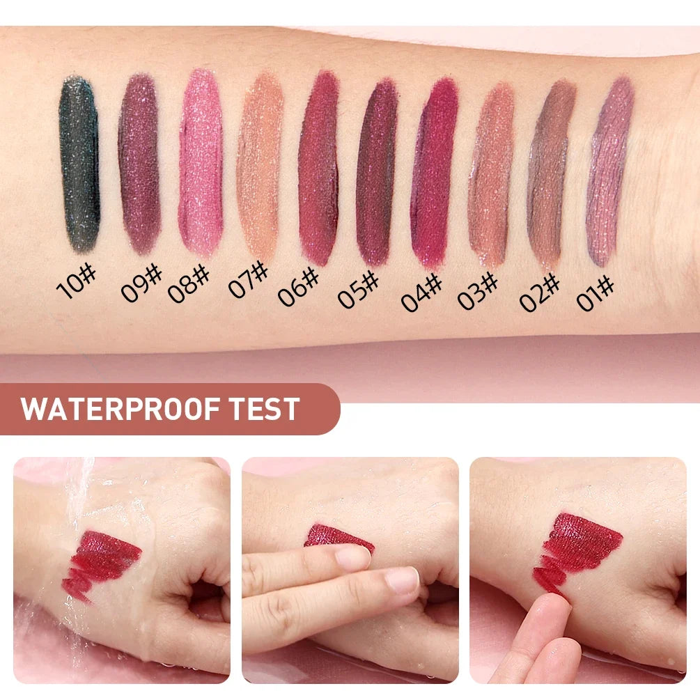 Blushimmer QIBEST glitter liquid lipstick in 10 colors, shiny matte finish, waterproof long-lasting lip gloss on lips.