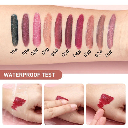 Blushimmer QIBEST glitter liquid lipstick in 10 colors, shiny matte finish, waterproof long-lasting lip gloss on lips.