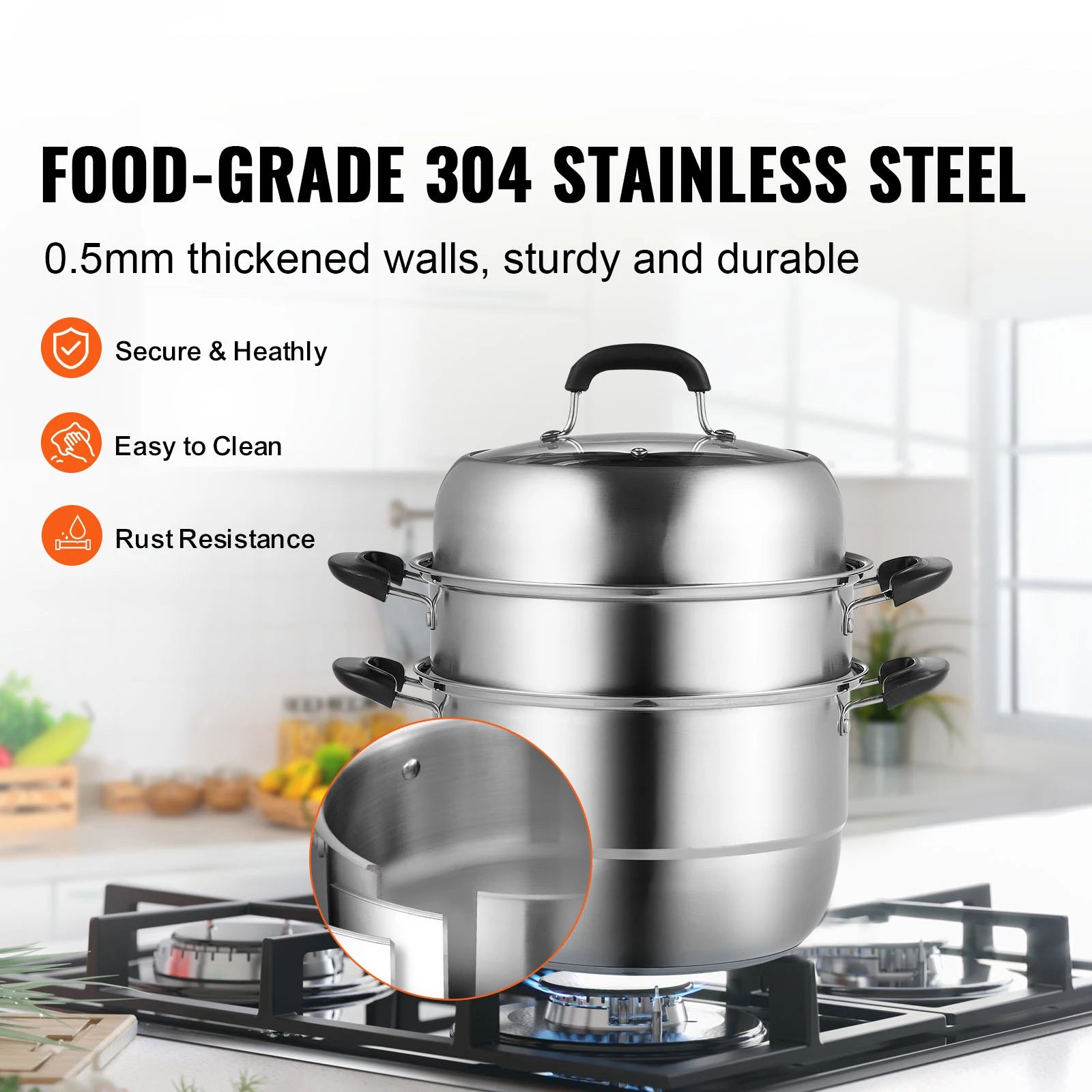 SucceBuy Steamer Pot 11in/28cm, 3 Tier Steamer Pot for Cooking with 8.5QT Stock Pot, 304 Stainless Steel Food Steamer Cookware