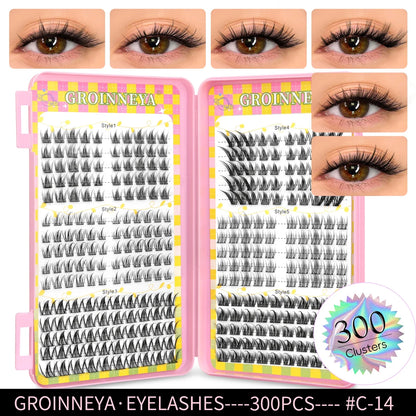 Blushimmer GROINNEYA eyelash clusters with 320 natural volume lashes on a tray, perfect for extension and cluster lash styles.
