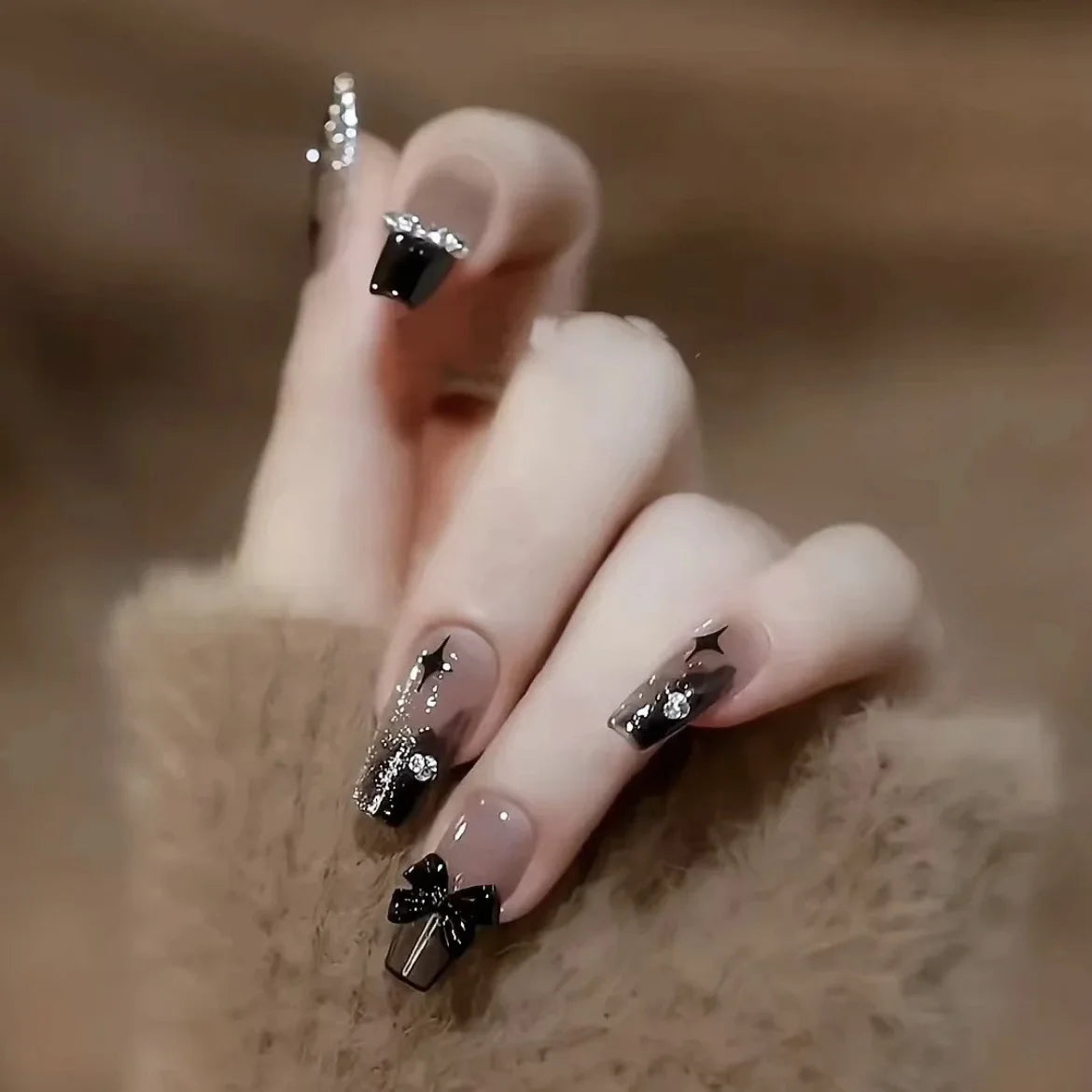 Set of 24 Blushimmer dark wind gradient long white bow nail patches and fake nails in a box, stylish nail art accessories