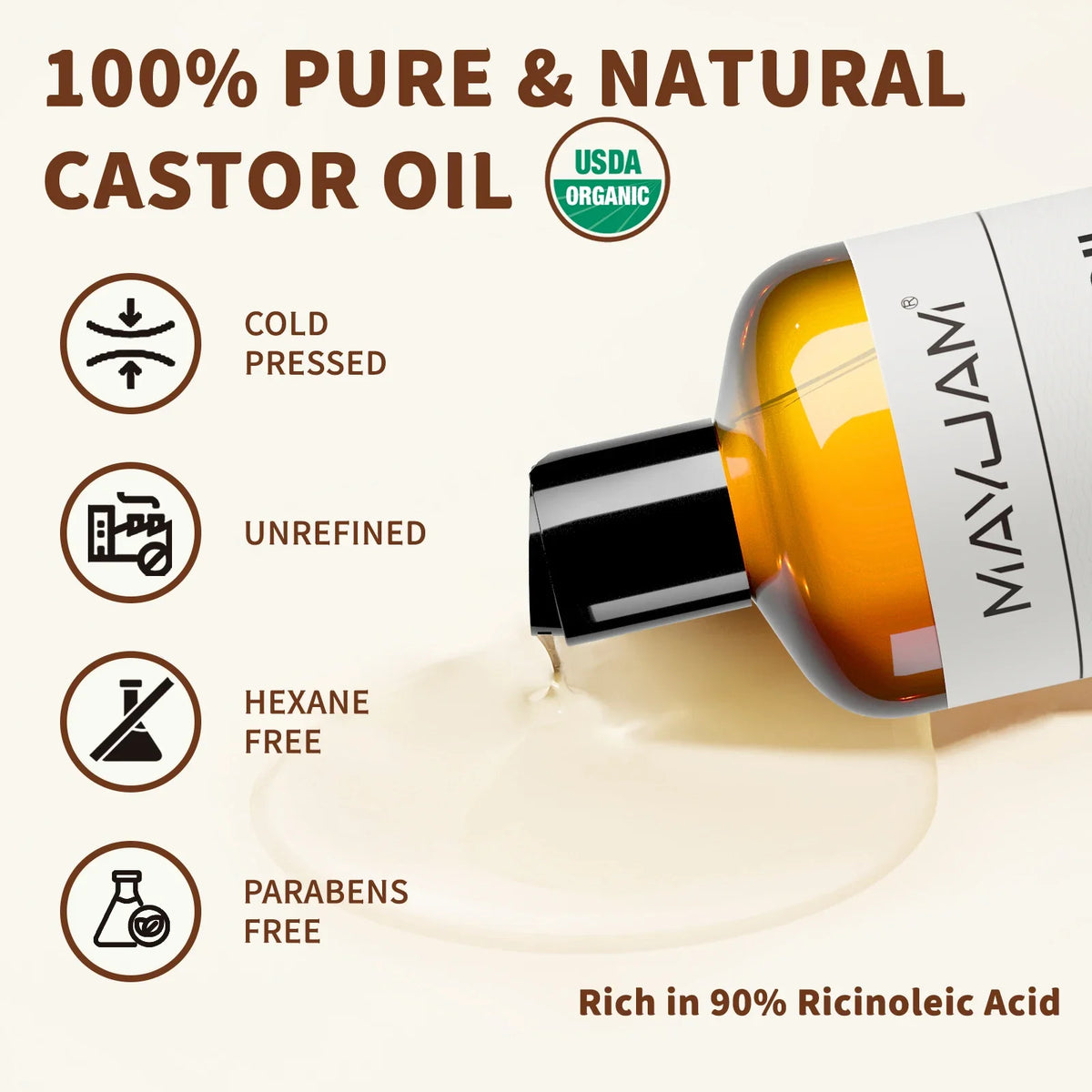 USAD Organic Castor Oil Cold Pressed Pure Natural Carrier Oil for Massage Boby Moisturizing Face, Hair, Skin & Eyelash Growth