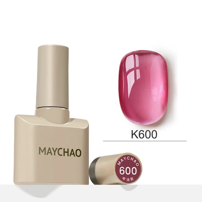 MAYCHAO 12ml Jelly Gel Nail Polish Top Coat by Blushimmer, semi-permanent UV/LED gel for long-lasting manicures, shown on nails.