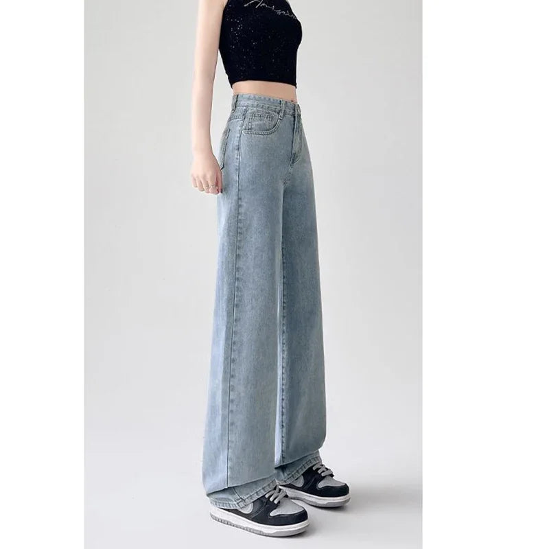 Lady Classic Daily High Waist Jeans Female Korean Solid Thin Pants Women Fashion Baggy Straight Leg Denim Trousers