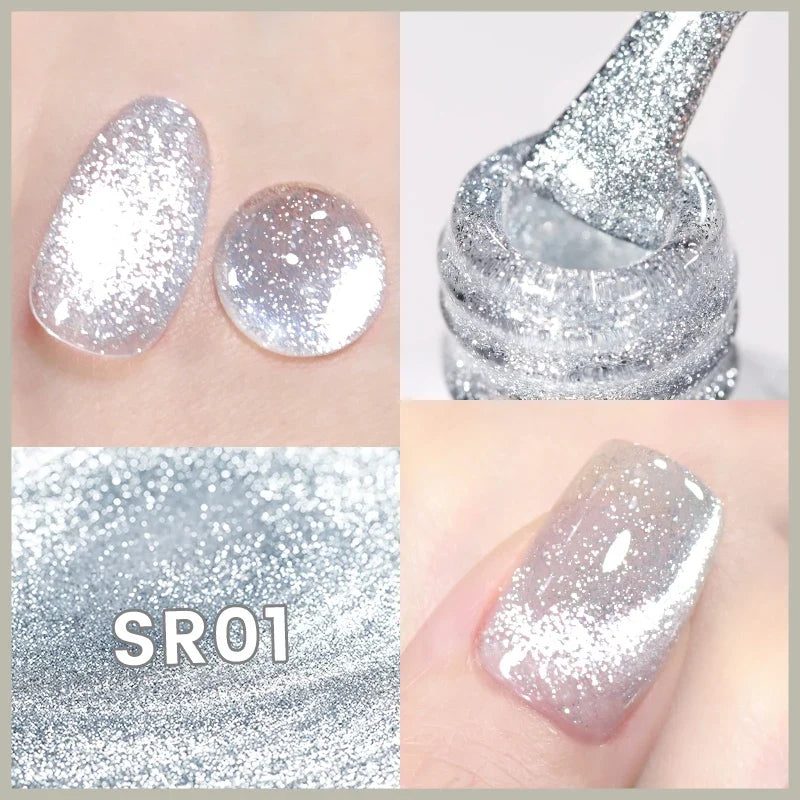 Silver shining reflective cat magnetic gel nail polish by Blushimmer, with crystal glitter effect, shown on a nail sample.