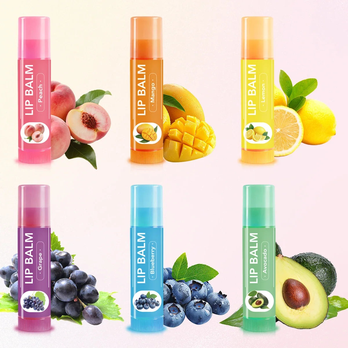 Six cute fruit-shaped lip balms in a set by Blushimmer, perfect for Christmas or birthday gifts for girls and friends.