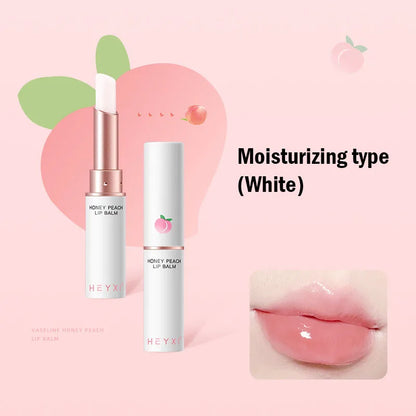 Blushimmer honey peach lip balm lipstick on lips, showing natural color change, plumping, moisturizing, and hydrating effects.