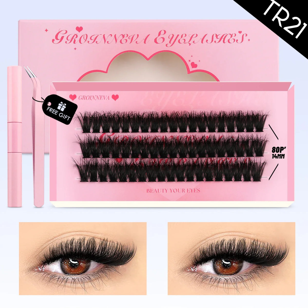 Blushimmer GROINNEYA DIY Eyelash Extension Kit with mixed lash clusters, lash bond, seal, and tweezers, displayed on a white background.