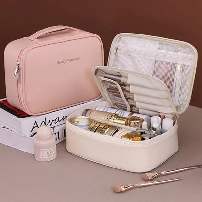 Wholesale Blushimmer PU large capacity tote makeup bag with double layers, travel organizer, and cosmetic storage for women.
