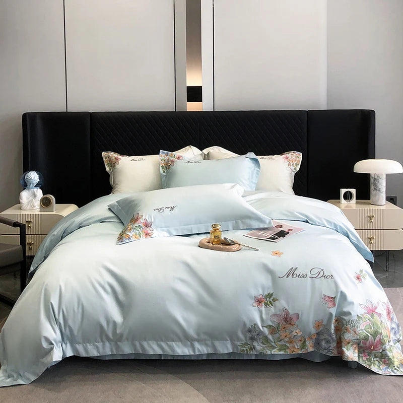 Bedding Set Luxury Flowers Embroidery Quilt/Duvet Cover White Egyptian Cotton Bedspread Fitted Sheet Mattress Cover Pillowcases