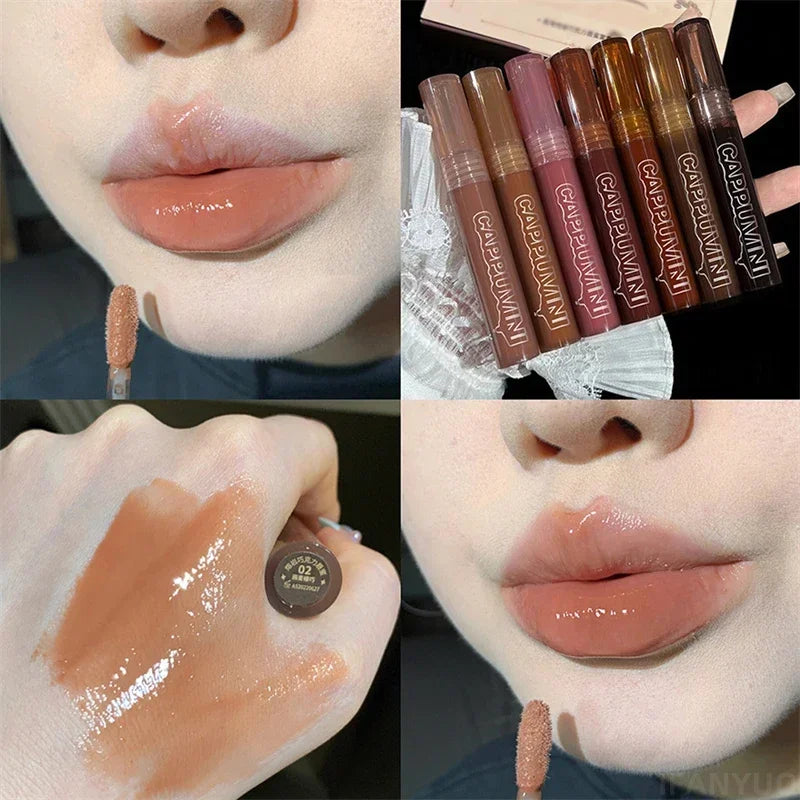 Blushimmer Punk dark brown mirror water lip gloss with red tint, transparent glass lip oil, waterproof liquid lipstick, and clear makeup gloss