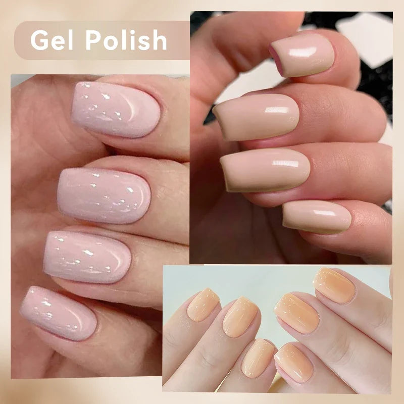 Blushimmer UR SUGAR 7ml gel nail polish set with nude pink, red, glitter shades, perfect for manicures and UV gel applications.