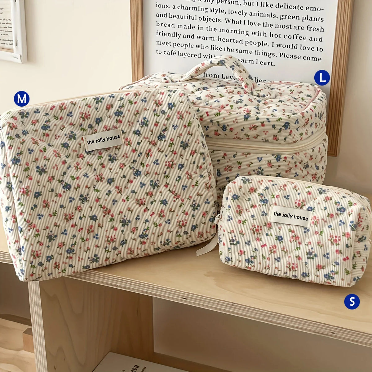 Cute quilted cotton makeup bag by Blushimmer, zipper cosmetic organizer in box shape, portable toiletry case for women and girls.