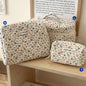 Cute quilted cotton makeup bag by Blushimmer, zipper cosmetic organizer in box shape, portable toiletry case for women and girls.