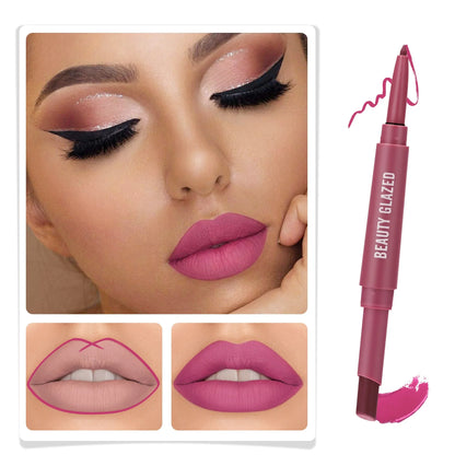 Blushimmer 2-in-1 waterproof lip liner and lipstick pen with matte finish, double-ended design for daily makeup.