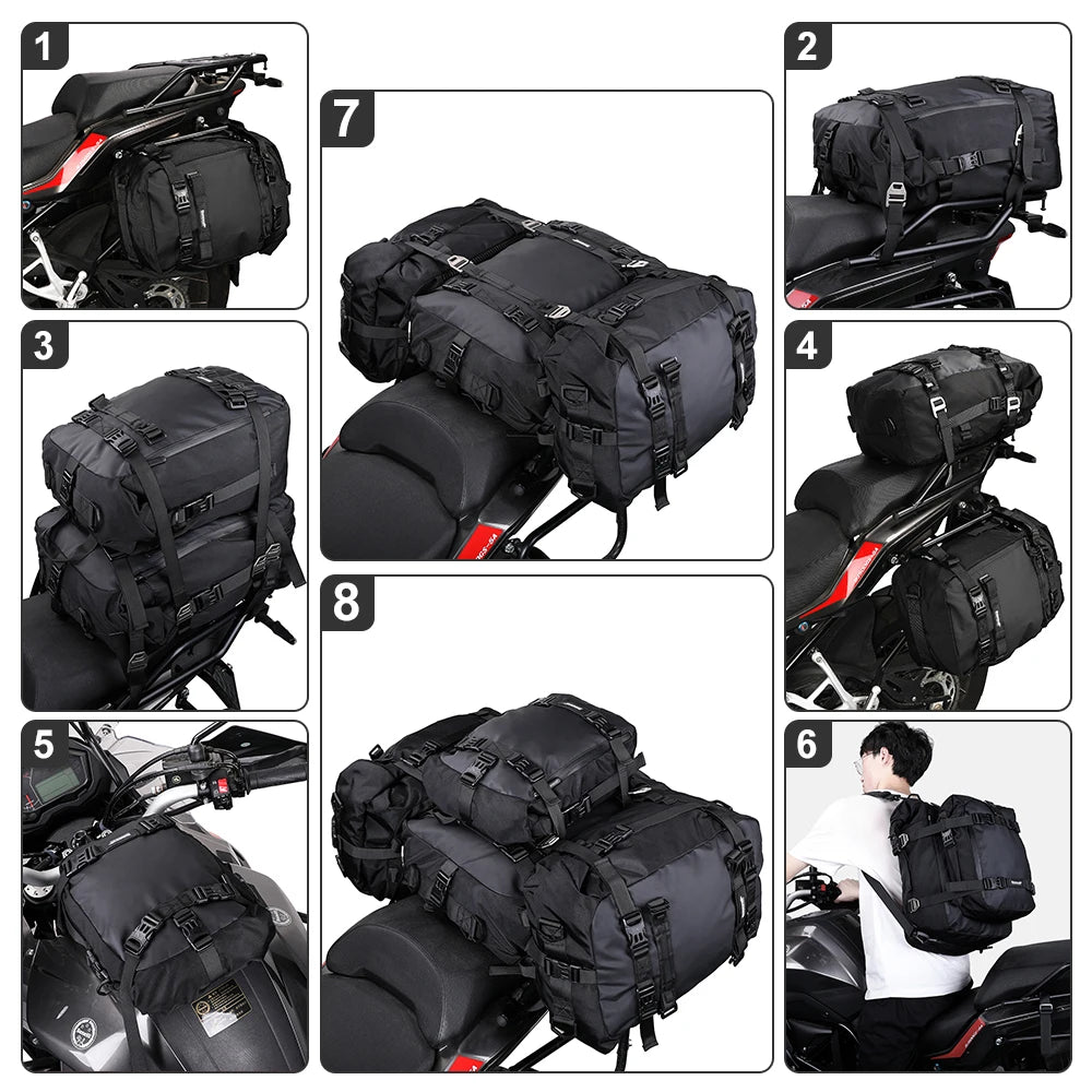 Rhinowalk waterproof motorcycle saddle bag with 10/20/30L capacity, mounted on bike side, featuring multiple compartments and secure straps.