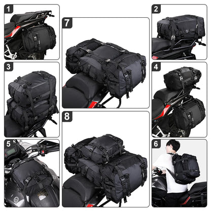 Rhinowalk waterproof motorcycle saddle bag with 10/20/30L capacity, mounted on bike side, featuring multiple compartments and secure straps.