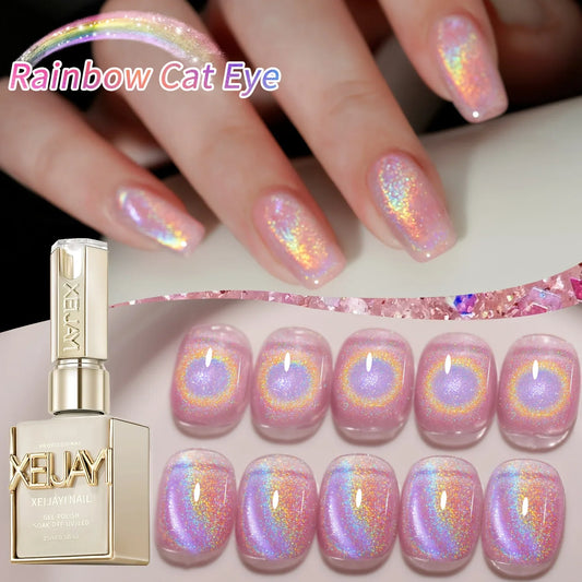 Rainbow Cat's Eye gel nail polish by Blushimmer in 15ml, UV LED curing, long-lasting, fast-drying nail art gel for women.