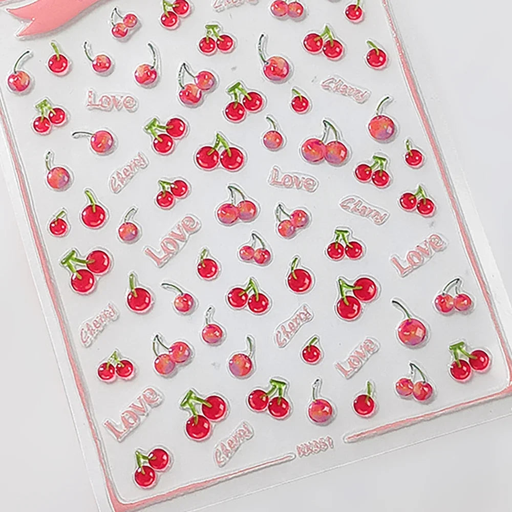 Cute red cherry bowknot 5D nail art stickers with shiny crystals, self-adhesive manicure decals, by Blushimmer.