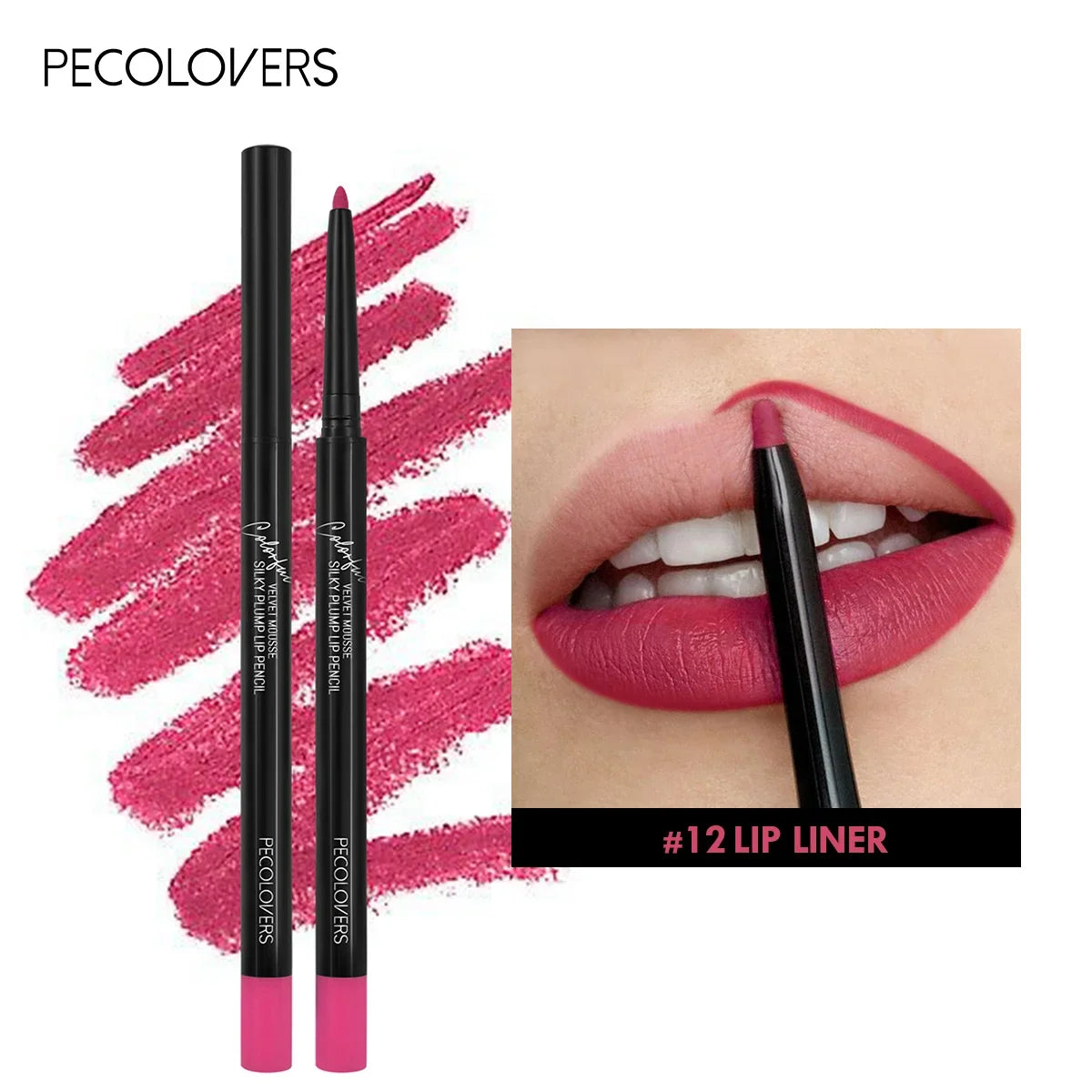 Blushimmer waterproof matte lipliner pencil in red, with long-lasting, moisturizing, non-stick lipstick on lips.