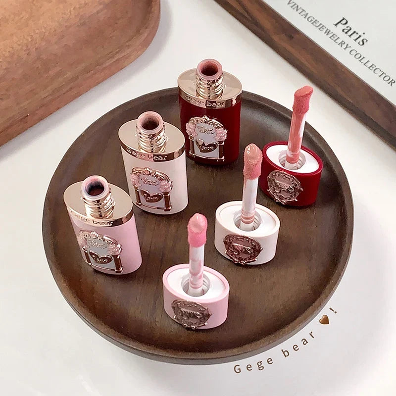 Blushimmer Gege Bear Strawberry Cupid pink velvet matte lip cream and pressed powder blush set with liquid blush bottles and compact.