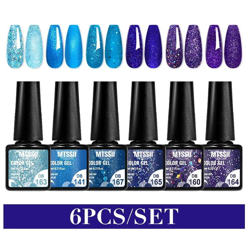 Blushimmer MTSSII 6-piece set of sparkly red gel nail polish bottles with shiny finish for manicures and nail art.