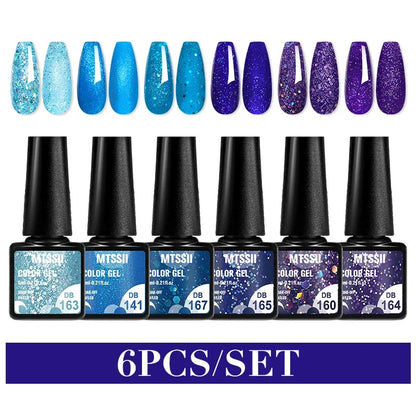Blushimmer MTSSII 6-piece set of sparkly red gel nail polish bottles with shiny finish for manicures and nail art.