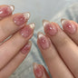 Set of 24 glossy red cat's eye press on nails by Blushimmer, almond-shaped false nails with nude color and decorative charms.
