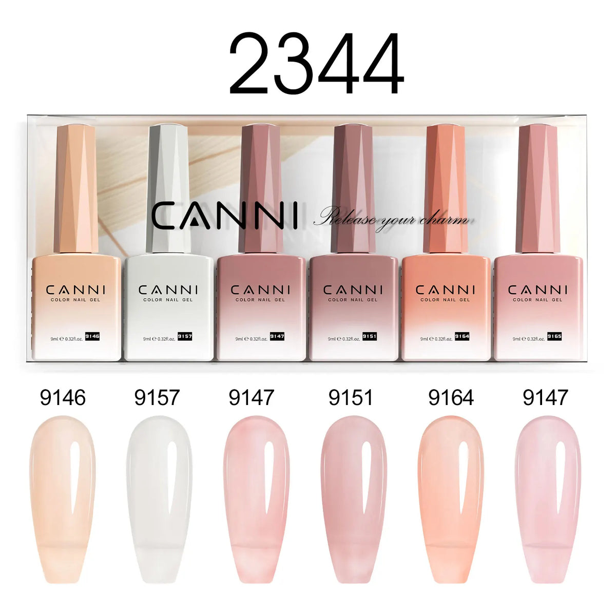 Blushimmer CANNI nail gel polish kit with 6 bottles in jade, nude, pink shades, HEMA free, perfect for French and natural nail designs