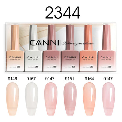 Blushimmer CANNI nail gel polish kit with 6 bottles in jade, nude, pink shades, HEMA free, perfect for French and natural nail designs