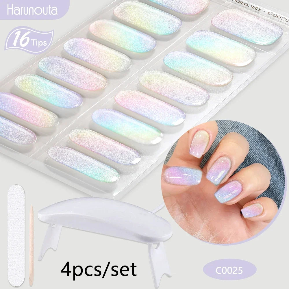 Blushimmer Harunouta 4-piece set of nude pink gradient gel nail strips with waterproof semi-cured gel polish and nail lamp.