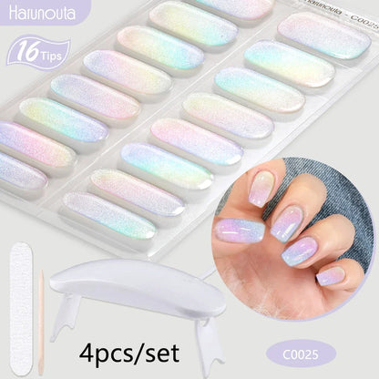 Blushimmer Harunouta 4-piece set of nude pink gradient gel nail strips with waterproof semi-cured gel polish and nail lamp.