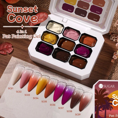 Blushimmer UR Sugar 9-color gradient gel nail art kit with DIY design and stamping pattern for creative nail decorating.