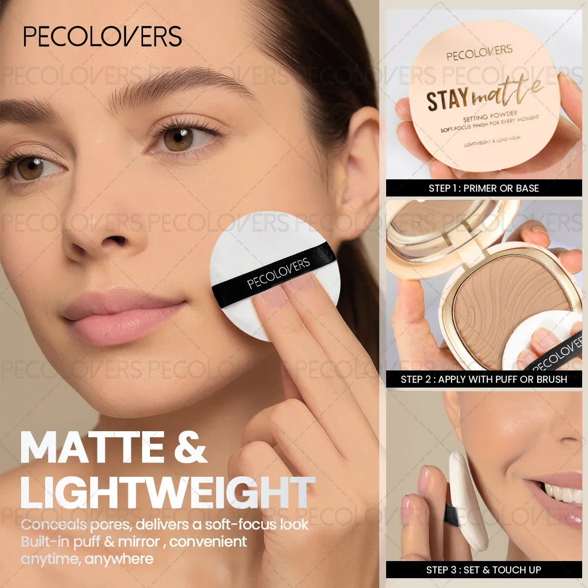 Blushimmer pressed powder foundation in light to medium shade with waterproof, matte finish, full coverage, and non-sticky texture.