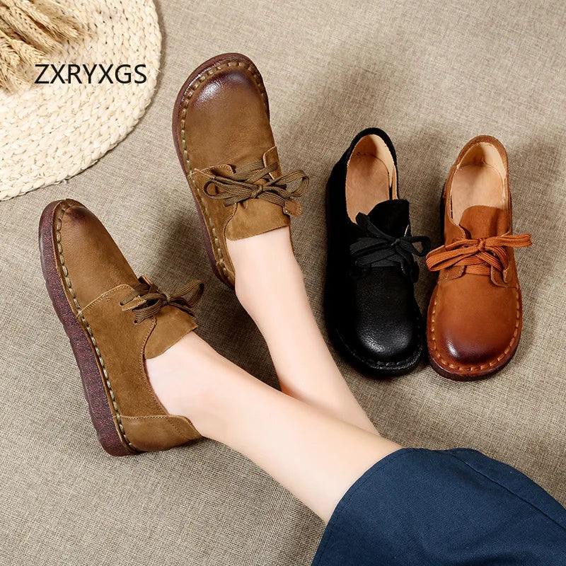 ZXRYXGS Retro Style Top Cowhide Single Shoes Woman New Flats 2025 Winter Soft Sole Comfort Warm Shoes Flat Sneakers Casual Shoes