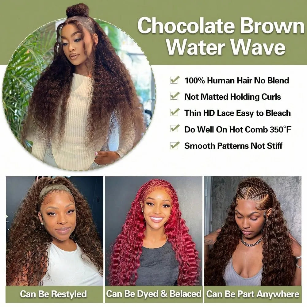 Chocolate Brown Deep Wave 13x6 Lace Front Wig Wig Human Hair Water Wave 250% Density Curly Wig Human Hair Brown Wigs Pre Plucked