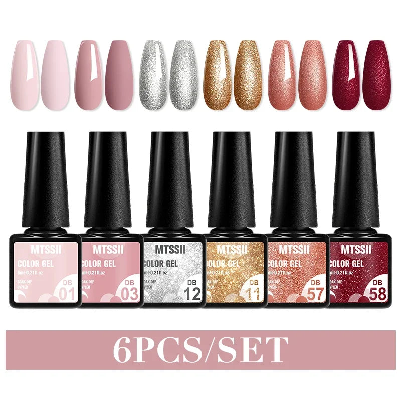 Blushimmer MTSSII 6-piece set of sparkly red gel nail polish for LED and UV manicures, shiny, vibrant nail art supplies.