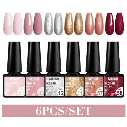 Blushimmer MTSSII 6-piece set of sparkly red gel nail polish for LED and UV manicures, shiny, vibrant nail art supplies.