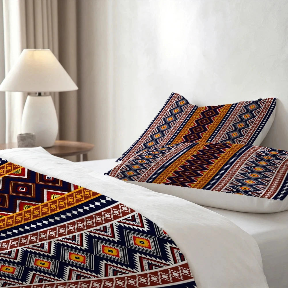 High-definition digital printed bedding set with ethnic geometric and floral patterns, includes duvet cover and pillowcases for bedroom decor