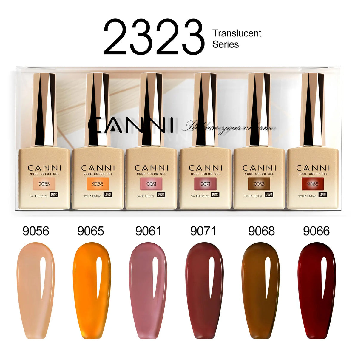 Blushimmer CANNI HEMA FREE nail gel polish set with six 9ml bottles in vibrant semi-permanent colors for UV and LED gel nails.