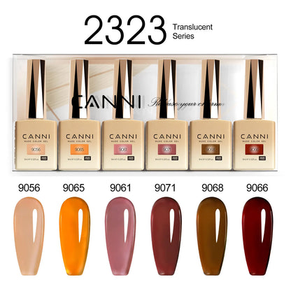 Blushimmer CANNI HEMA FREE nail gel polish set with six 9ml bottles in vibrant semi-permanent colors for UV and LED gel nails.